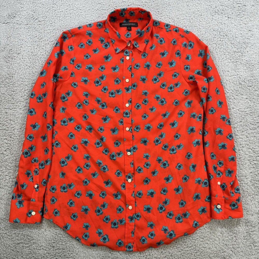 Banana Republic Top Womens Small Orange Blouse Button Up Floral Classic Fit